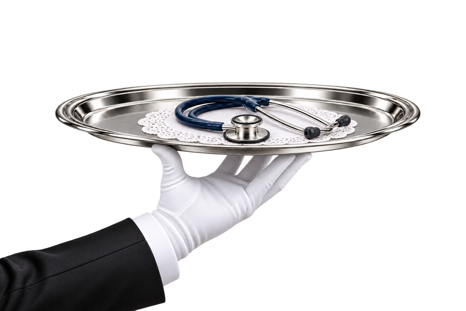 White-gloved concierge hand presenting a silver platter with a doily and stethoscope